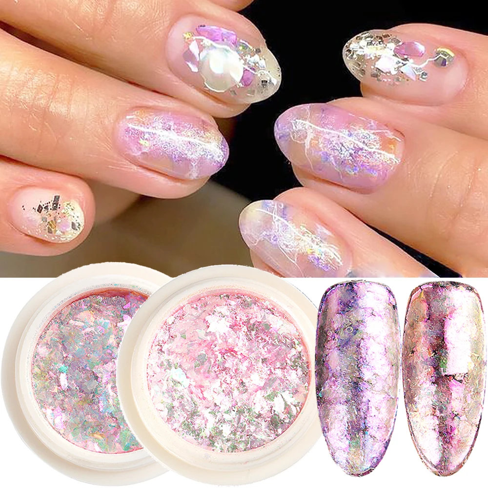 Crystal Opal Nail Flakes Pink Purple Holographic Glitter Nail Sequins Aurora Chrome Foil Powder DIY Manicure Decoration GLB-ONB