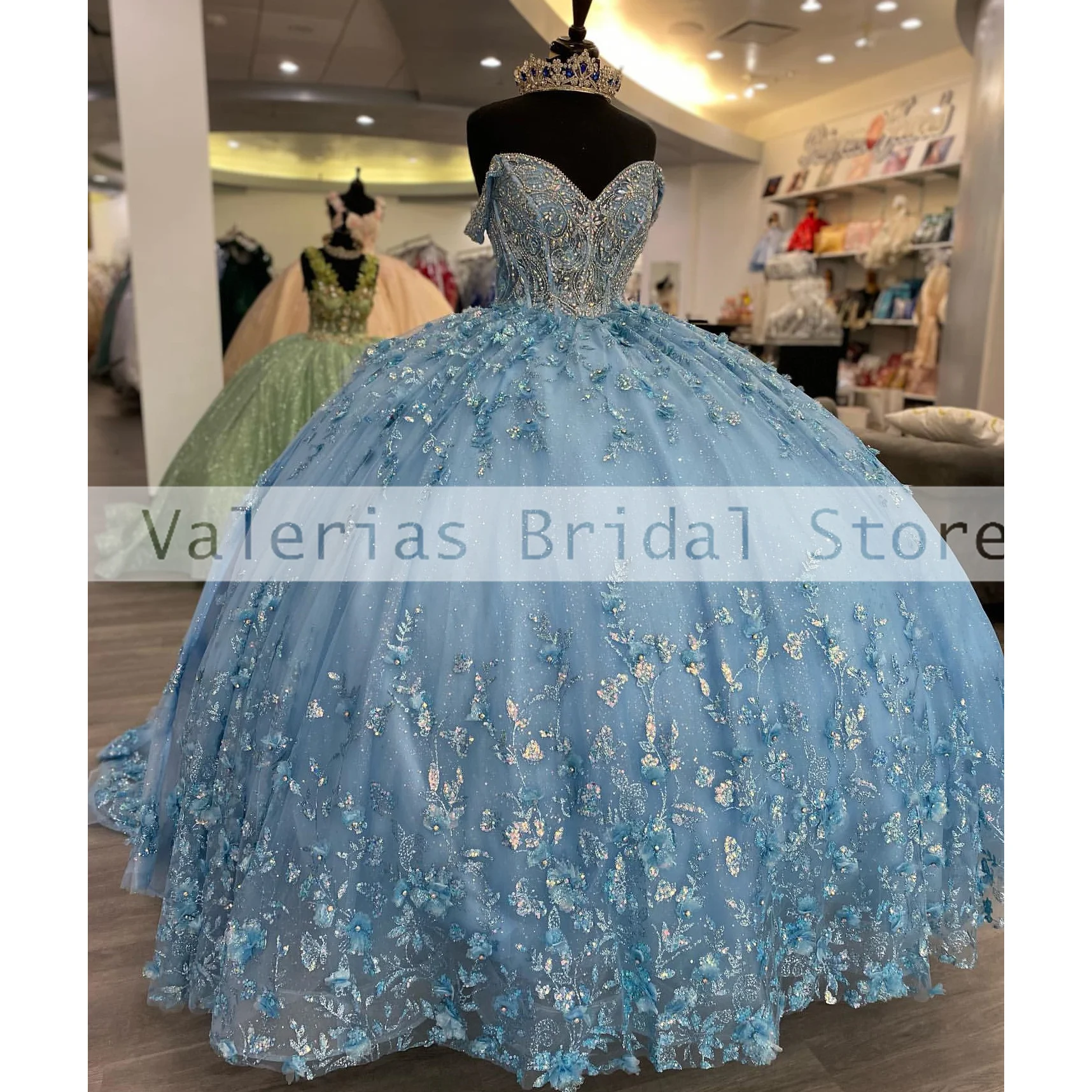 

Sky Blue Quinceanera Dress 3D Flowers Beads Off The Shoulder Ball Gown Ruffles Corset Vestido De 15 Quinceañeras Evening Gowns