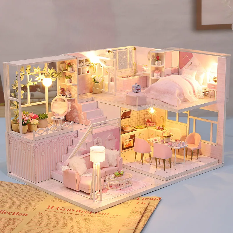DIY Wooden Doll Houses Princess Casa Miniature Building Kits with Furniture Led Dollhouse for Girls Birthday Gifts 2