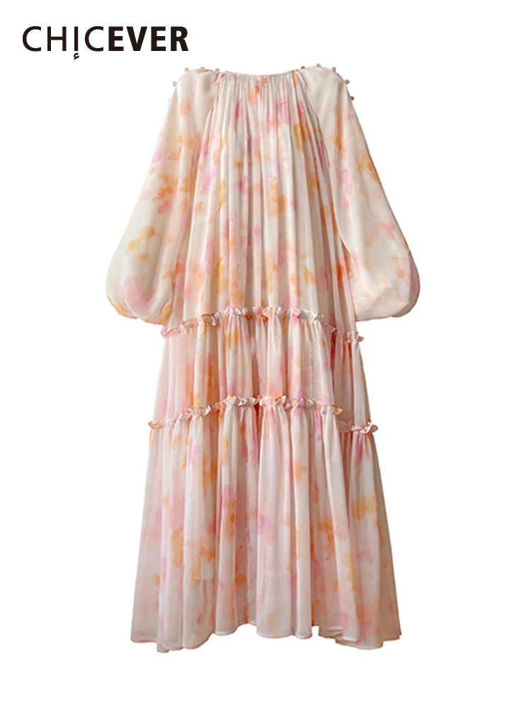 

CHICEVER Colorblock Midi Dresses For Women Round Neck Long Sleeve High Waist Spliced Lace Up Print Ruched A Line Dress Female