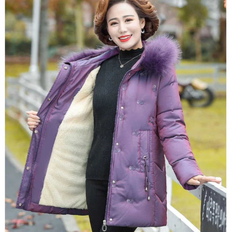 2023New Women Down Cotton Coat Winter Jacket Female Brushed Thick Parkas Loose Large Outwear Mid Length Version Hooded Overcoat