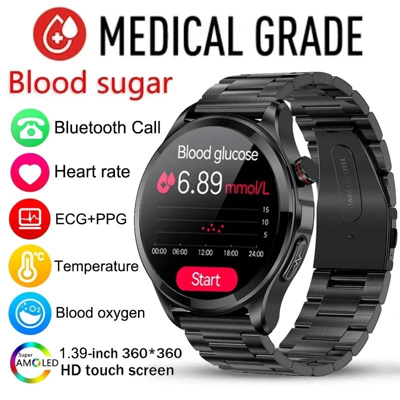 

ECG+PPG Blood Glucose Smart Watches Men Sports Tracker Glucose Meter Thermometer Health Watch Bluetooth Call Smartwatch 2023 New