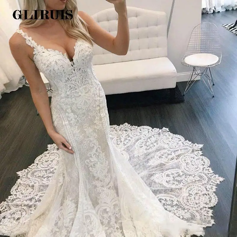 

Elegant Mermaid Wedding Dresses Appliques Lace Bridal Dress Formal Party Gown Court Train Plus Size Vestido de Novia 2020