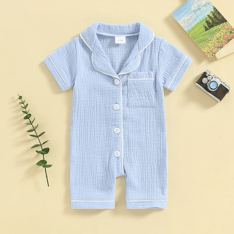 0-24M Baby Pajamas Jumpsuits Boys Girls Short Sleeve Lapel Button Down Romper Summer Newborn Infant Sleepwear