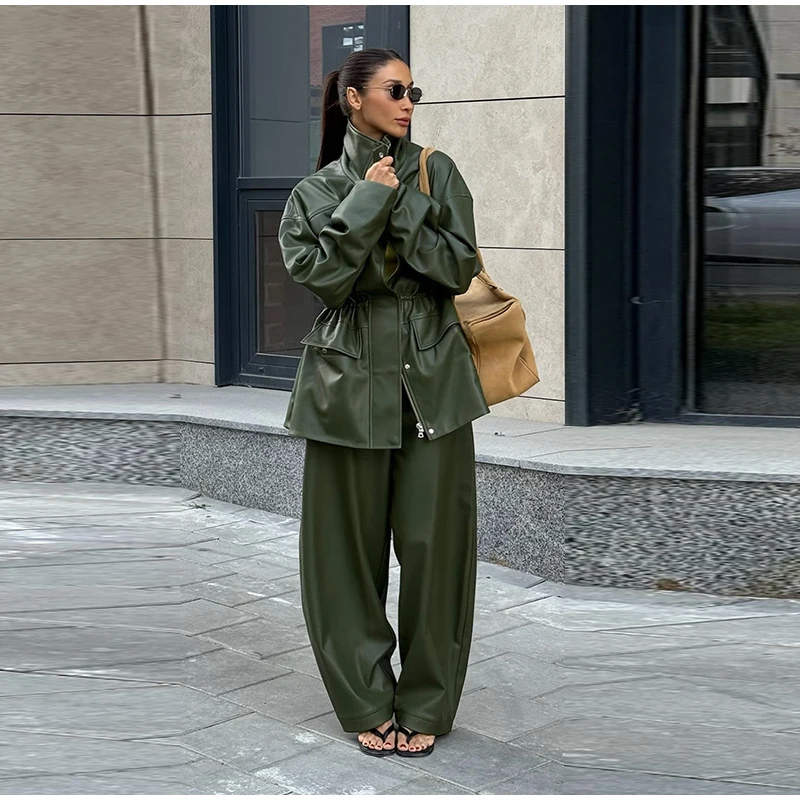 Women Waist Cinching Leather Jacket Solid Stand Neck Zipper Pocket Loose Jackets Lady New Vintage Fashion Street Outwear 2026