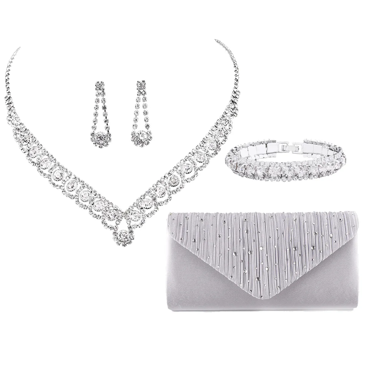 thumbnail image 1 of Conjunto de 5 piezas de joyas de plata con diamantes de imitación para mujer, collar y pendientes de circonita hueca para Halloween, bodas, fiestas nupciales, accesorios de noche, 1 of 5