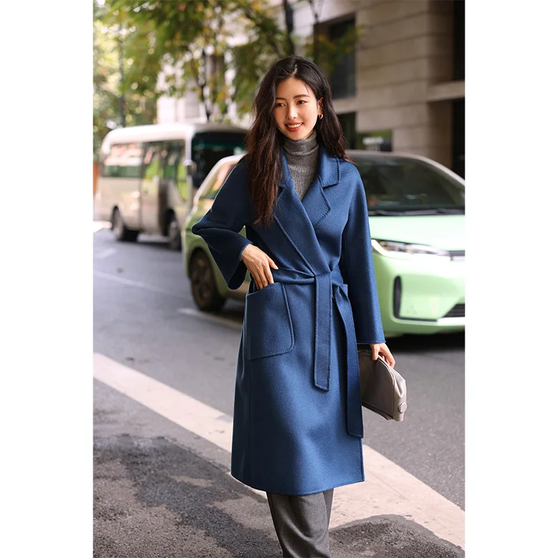 

Autumn/Winter New Mid length version Bathrobe Windbreaker Coat Elegant Water Wave Pattern Wool Double Faced Cloth Ladies Style