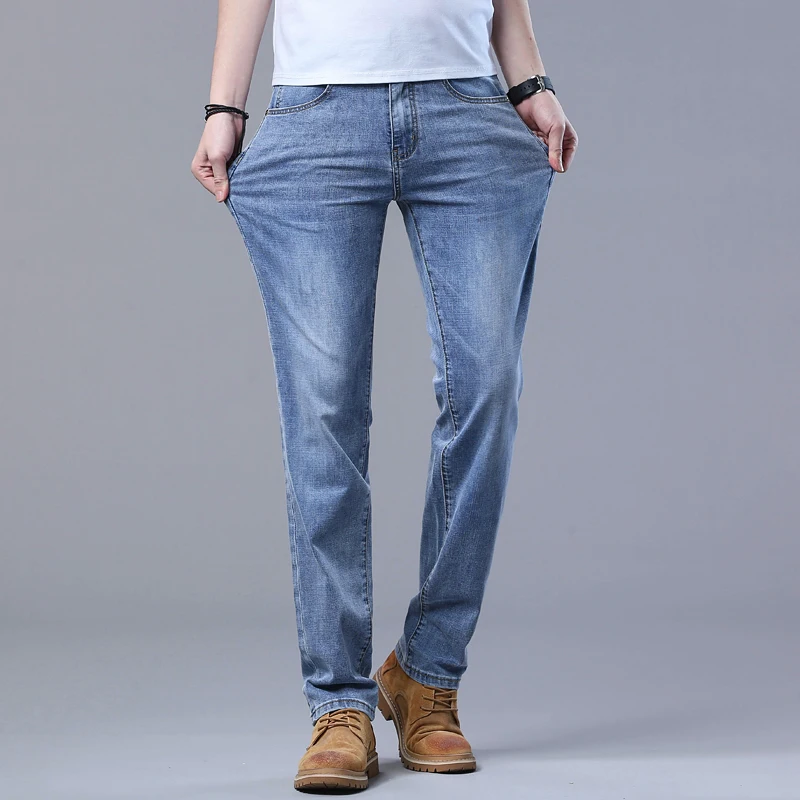 Spring Men's Light Blue Slim Jeans Stylish Casual Stretch Fabric Denim Pants Classic Trousers Smoke Gray 3
