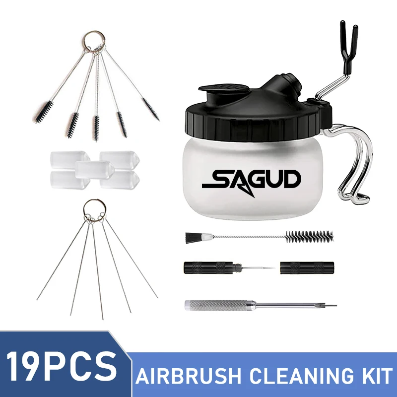 SAGUD Airbrush Cleaning Kit Clean Pot Jar with Holder and Cleaning