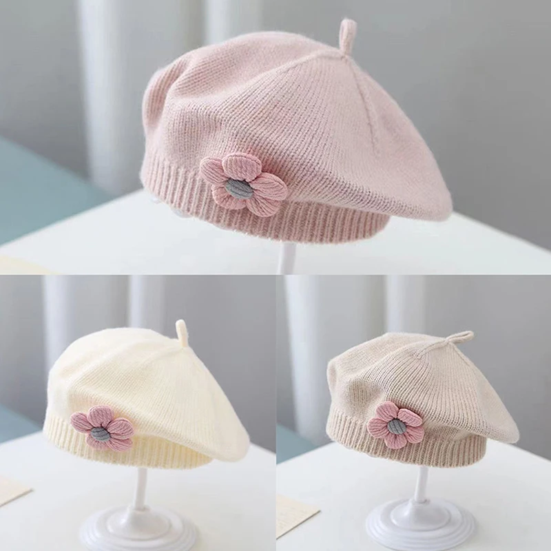 Baby Hat Set Flower Baby Beret Hat Winter Warm Knitted Beanie For Infant Girls Korean Toddler