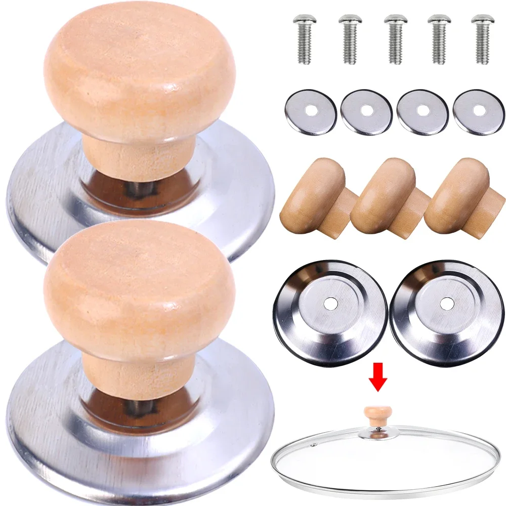 Pot Lid Handles 2/1Pcs Wood Pot Cover Handle Lid Handle Stainless Steel Universal Anti-scald Cover Kitchen Cookware Part Sturdy Knobs Accessory