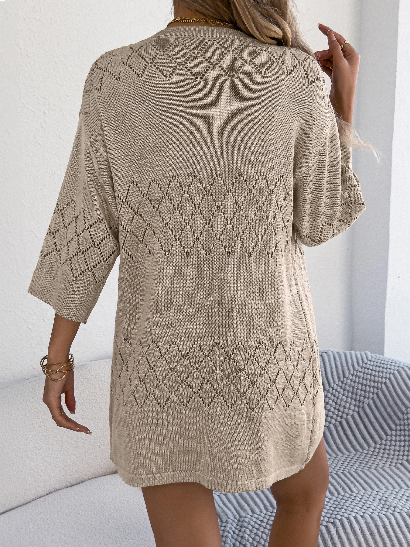 Khaki Black White Knitted Cardigan Sunproof Top for Women