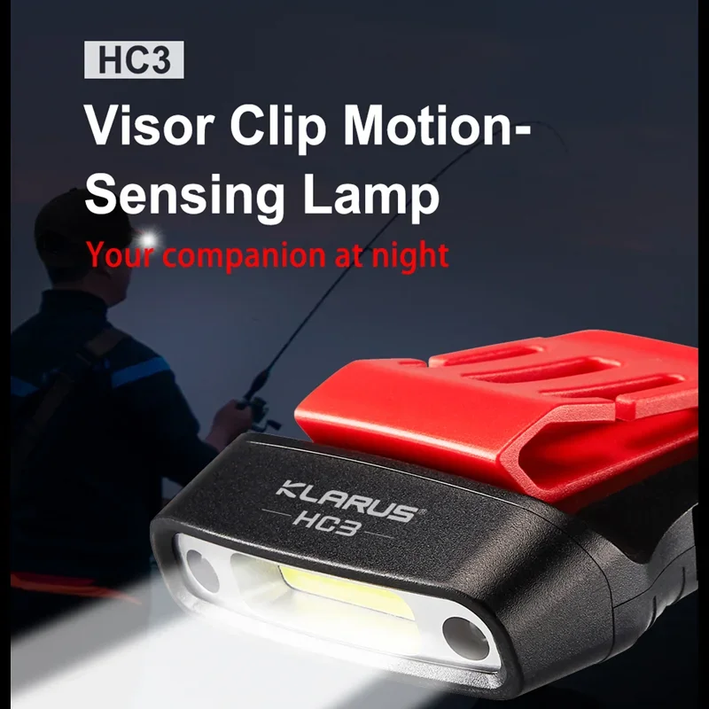 Klarus HC3 모션 감지 바이저 클립 램프 100루멘 USB 충전식 COB+LED 헤드램프 27H 런타임 내장 배터리 헤드라이트
