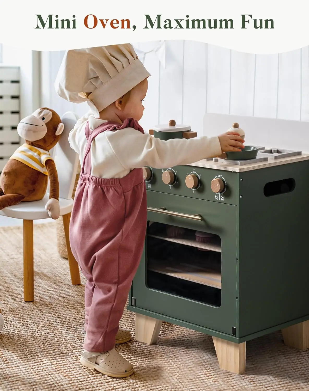 Robotime Wooden Toy Oven Kitchen Set Vintage Green with Play Food Pretend Play Oven Kitchen Set for Boys Girls