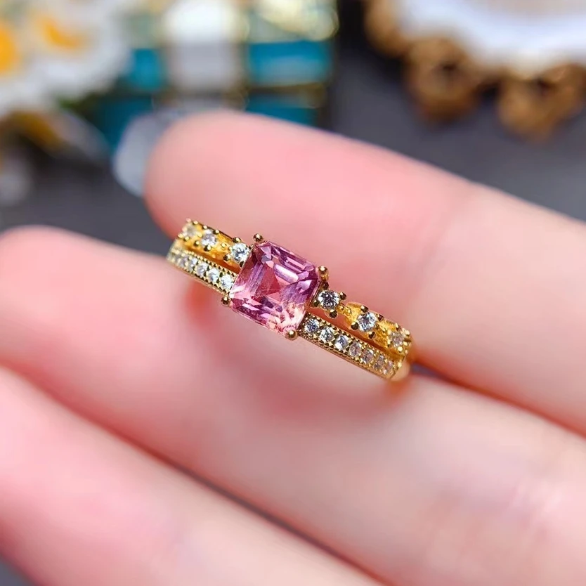 

New Fashion 925 Silver Engagement Ring for Girl 5mm 0.6ct Natural Tourmaline Ring 18K Gold Plated Pink Tourmaline Jewelry