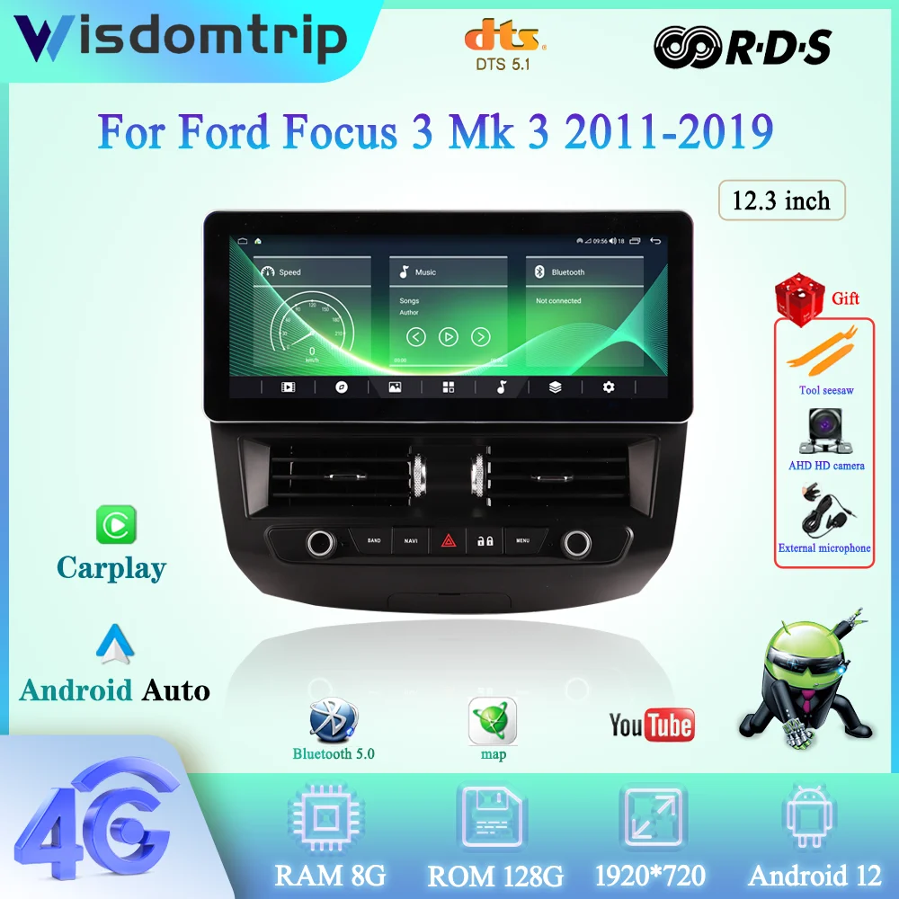 

12,3 дюймов для Ford Focus 3 Mk 3 2011-2019 умный мультимедийный видеоплеер Радио GPS 4G WIFI навигация Android 12 Carplay