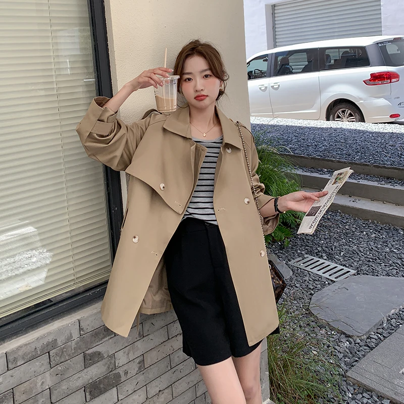 

Double Breasted England Style Khaki Trench Coat for Women 2023 Autumn Women Elegant Loose Belted Windbreaker Jacket Female 3613