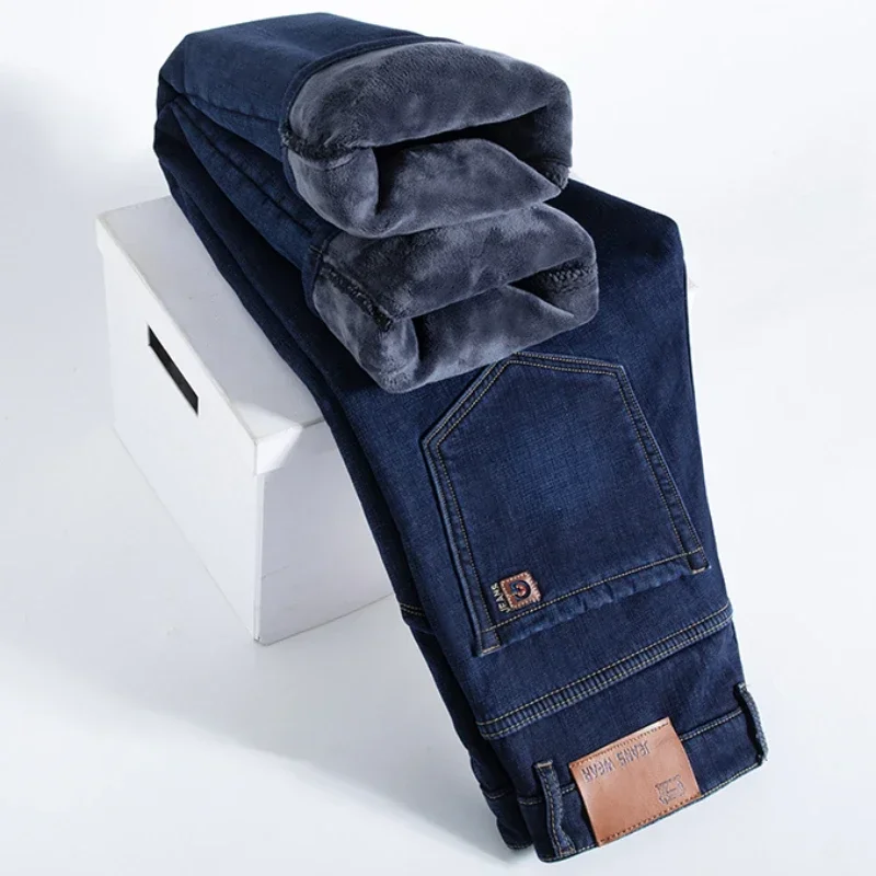 2024 New Winter Men's Warm Slim Jeans Thickened Stretch Fleece Straight