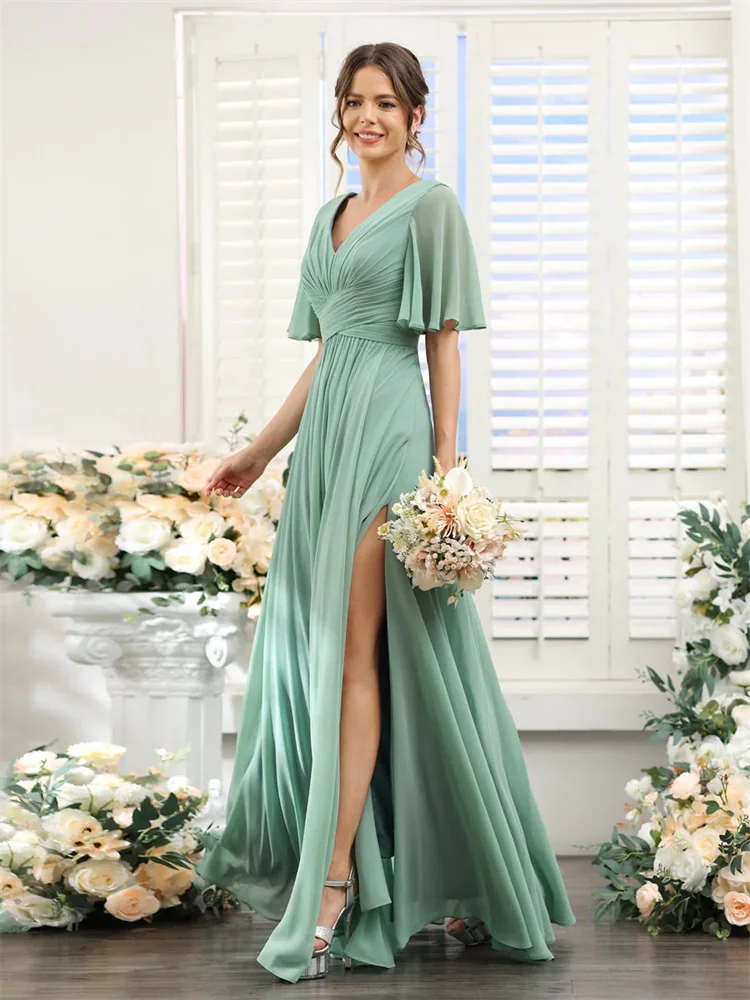 Bridesmaid Dresses A-Line V-Neck Half Sleeves Split Side Floor Length Chiffon With Pockets Elegant For Weddings Guest