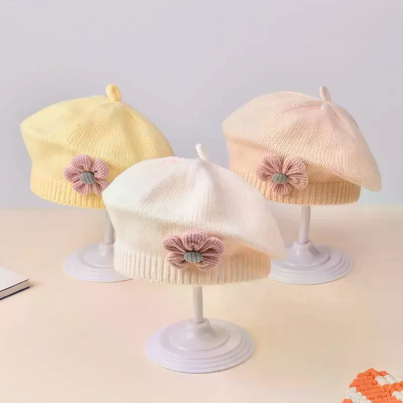 Baby Girls Autumn Winter Woolen Hat - Cute Flower Beret Toddler Artist Knitted Cap For 6-12 Months Newborn Home Outdoor