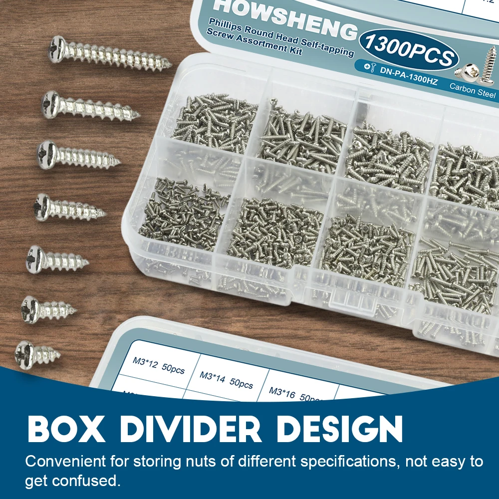 190/450/800/1300pcs Phillips Round Head Self-tapping screw Set M1-M4 Nickel Plated Cross Pan Head Tapping Wood Screw