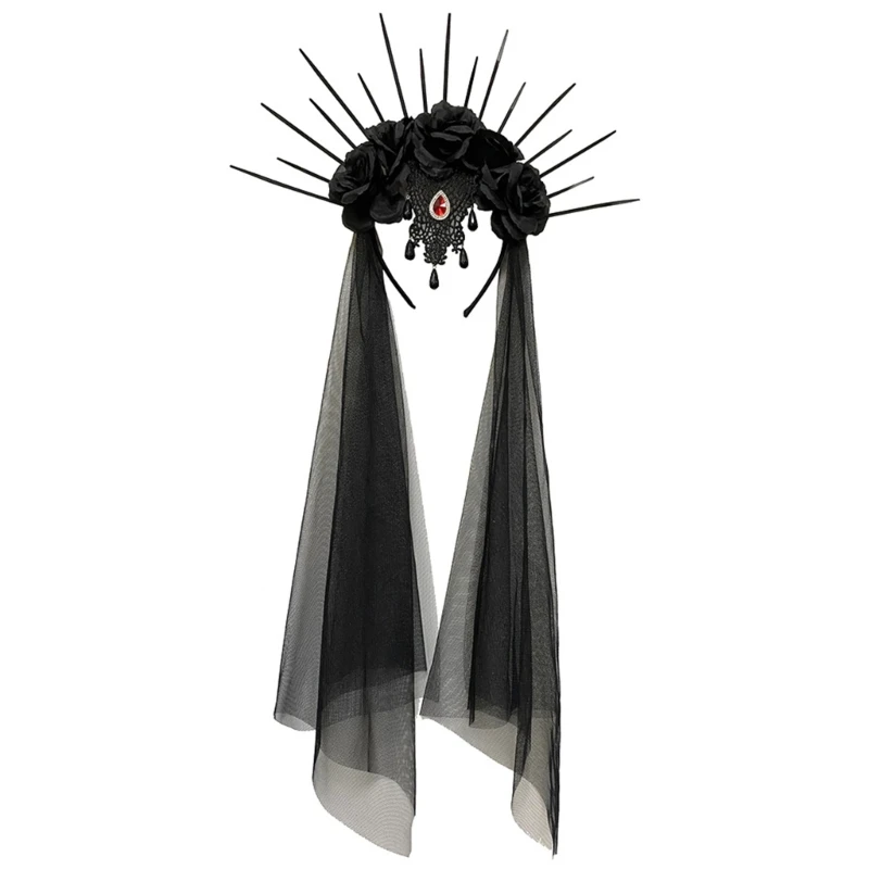 

Повязка на голову с короной на Хэллоуин, повязка на голову с черной вуалью, фестивальный обруч для волос, женские аксессуары
