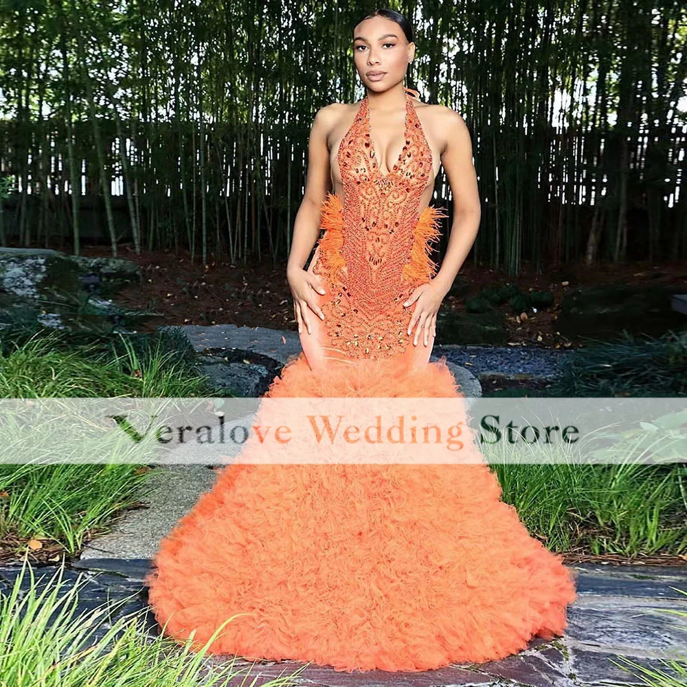 

Orange Sparkly Beads Prom Dress Mermaid 2022 Halter Neck Velvet vestidos de gala Party Wear for African Girl