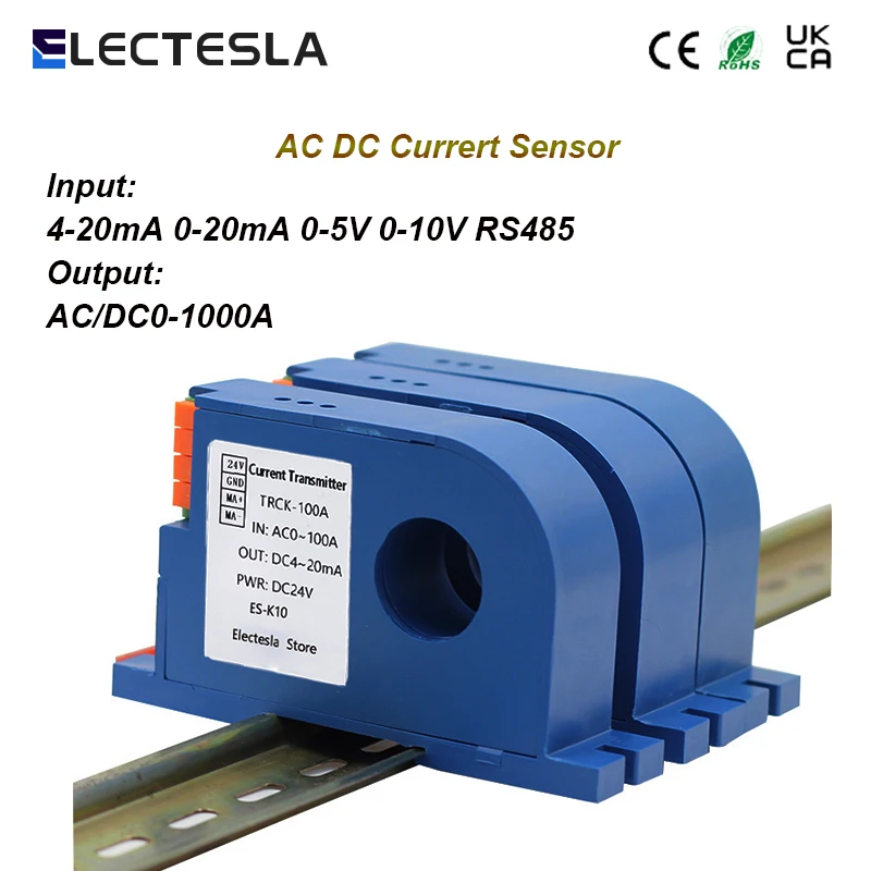 

AC DC Electric Current Sensor 0-1000A Input Transducer Converter Transmitter 4-20mA 0-10V Output 24v Power Supply 22mm 31mm Hole