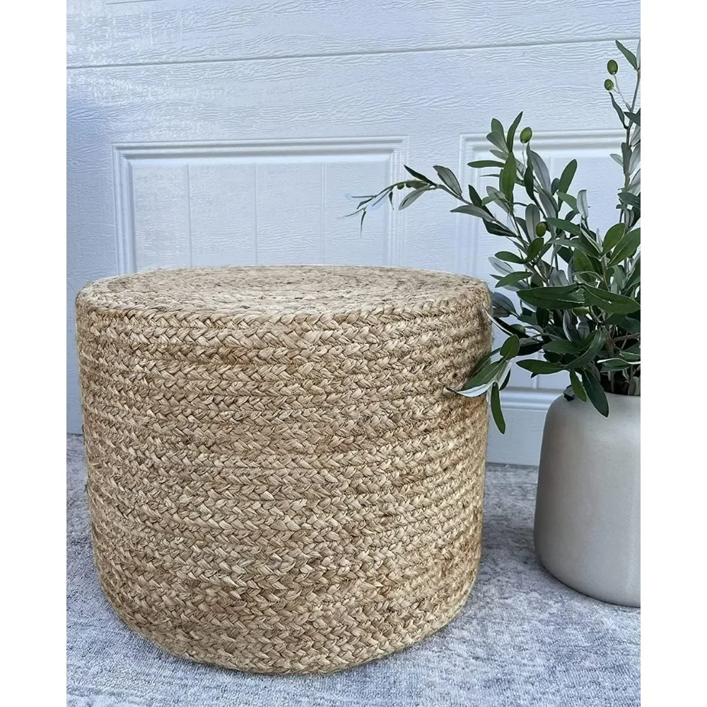 

Ottoman Footrest Pouf Hand Braided Round Boho Pouffe for Living Room, Bedroom, Nursery (18"x18"x12") Natural Footstool