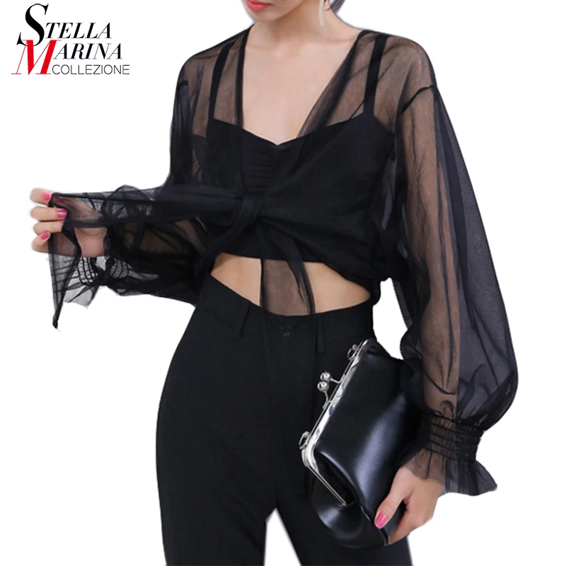 Unique Style Summer Woman Sexy Sheer Mesh Tops Long Sleeve Sexy Voile Black T Shirt Transparent Casual Cape Style T-shirt 1616