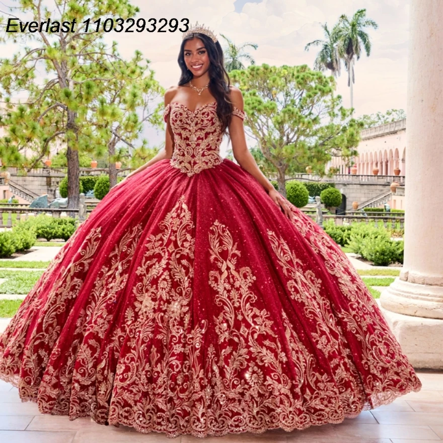 EVLAST Blue Quinceanera Dress Ball Gown Lace Applique Beaded Crystal Off Shoulder Sweet 16 Vestido 15 De A&ntilde;os TQD249