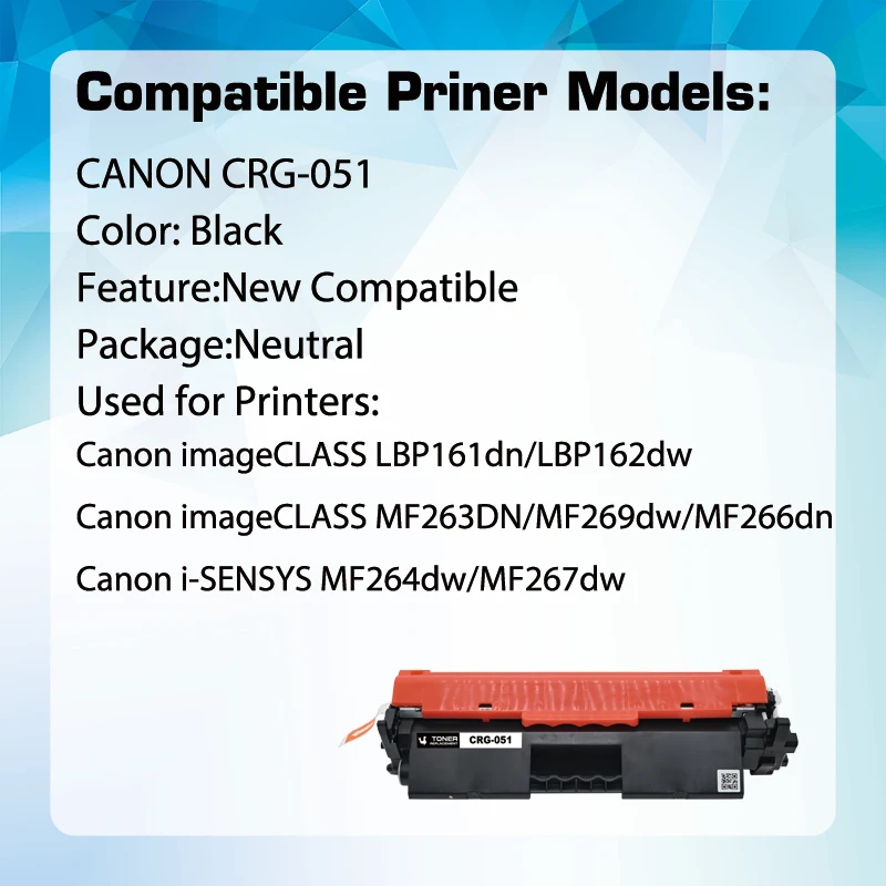 Qualicom Compatible for Canon CRG051 051 CRG-051 use for LBP162dw MF264dw MF267dw MF269dw LBP160 MF260 MF263dn MF266 Printer