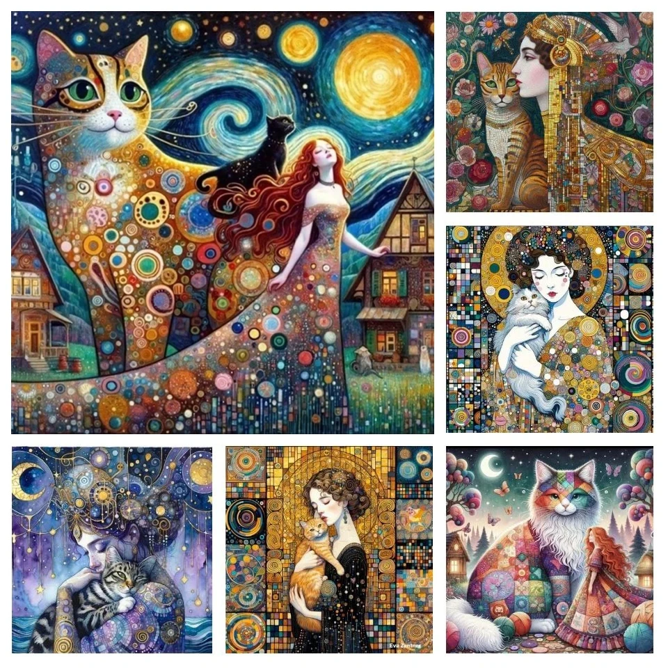 DIY 5D Diamond Painting Abstract Woman And Cat Diamond Embroidery Gustav Klimt Art Mosaic Cross Stitch Kits Home Decor