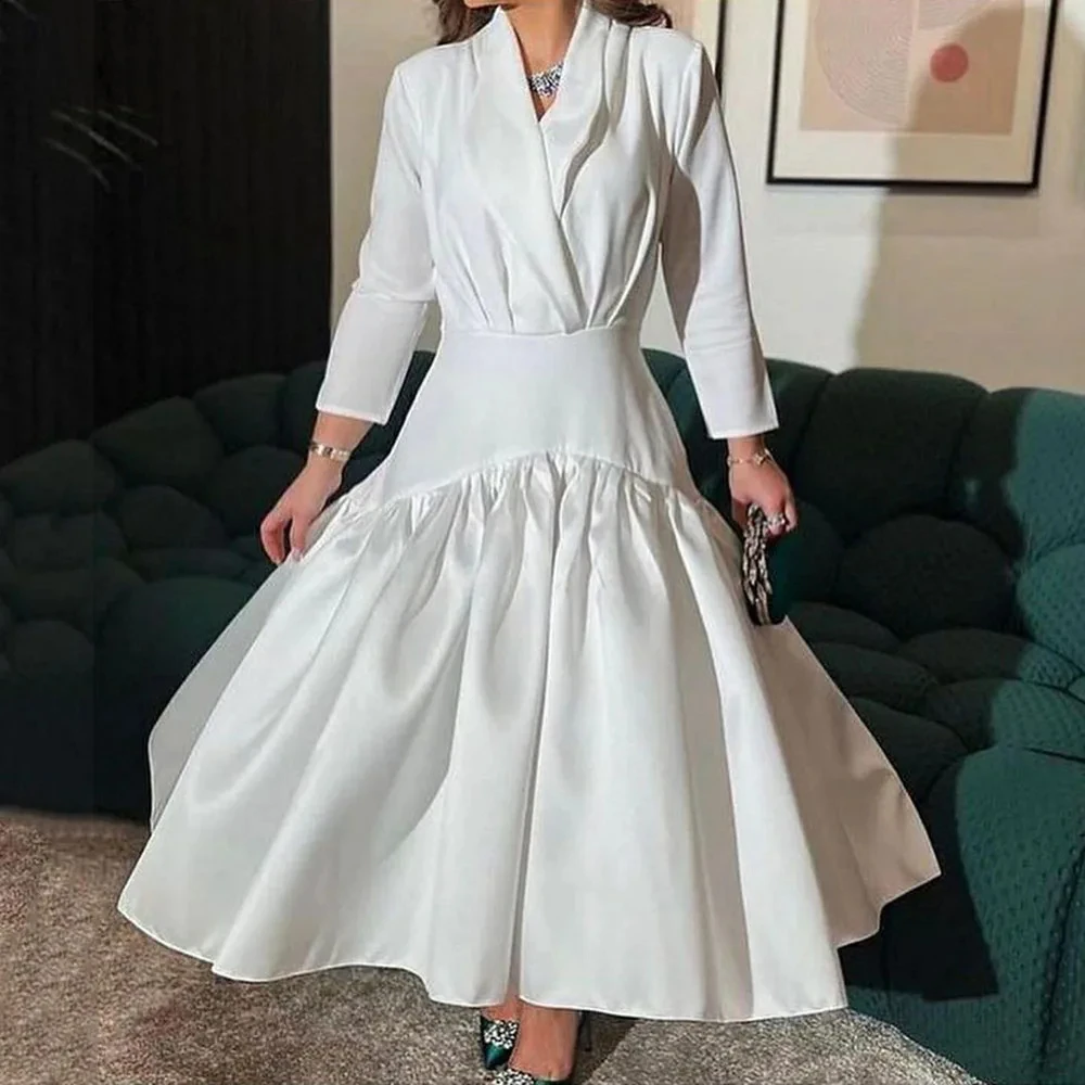 

Long Sleeves V Neck Prom Dresses A Line Pleated Evening Dresses 2024 White Girls Party Gowns Dress فستان حفلات الزفاف