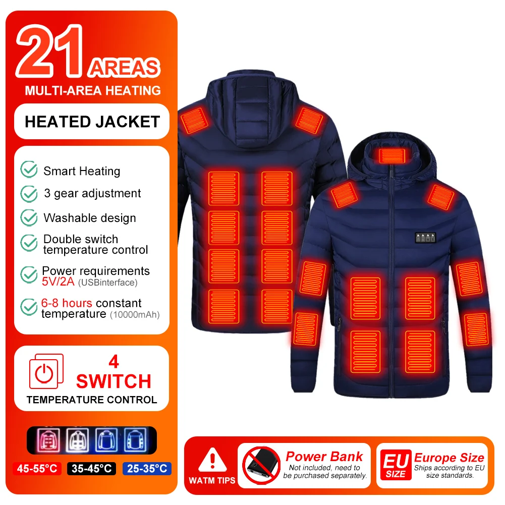 

EU Size 21 Areas Heated Jacket for Men Women Winter Outdoor Adjustable Heating Coat USB Powered Thermal Coat for Skiing Camping