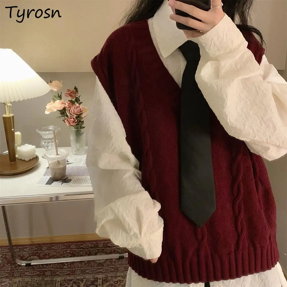 

Women Sweater Vest Preppy Style V-neck Sleeveless Knitwear Korean Loose Twist Waistcoat Student BF Couple Casual Jumpers Female