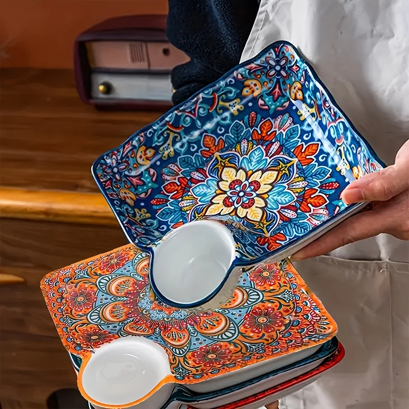 7.5Inch Bohemian Ceramic Plate Sushi Dish Set Sauce Dishes Decorative Dinner Plates Serving Trays for Dumplings Breakfast Fruits