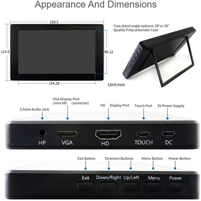 ABGZ-Waveshare 7 ġ HDMI-ȣȯ LCD ̽,   4B/3B +   ġ ũ 1024x600 IPS ÷ ȭ Mon