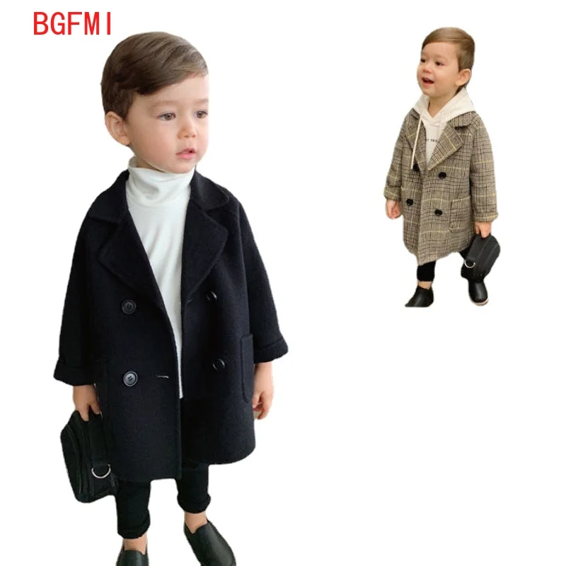 Winter Grid Jackets Boys Girl Woolen Double-breasted Baby Boy Trench Coat Lapel Autumn Kids Outerwear Coats Spring Wool Overcoat 3