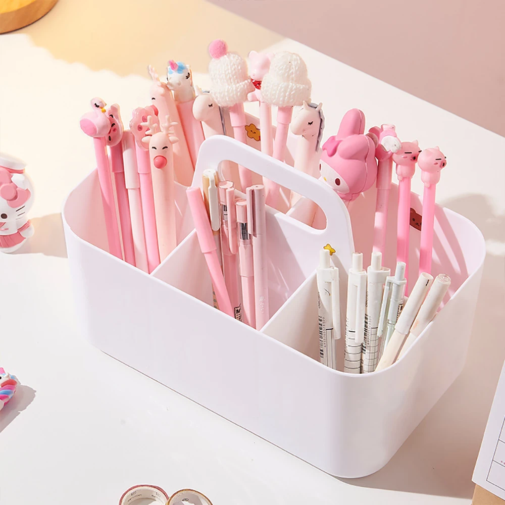 Desktop Marker Holder Art Supply Storage Box Cosmetic Plastic Storage Basket With Handle Pencil Pen Stationery Case pencil case pen holder desk organizer pen and brush holder desk storage rack