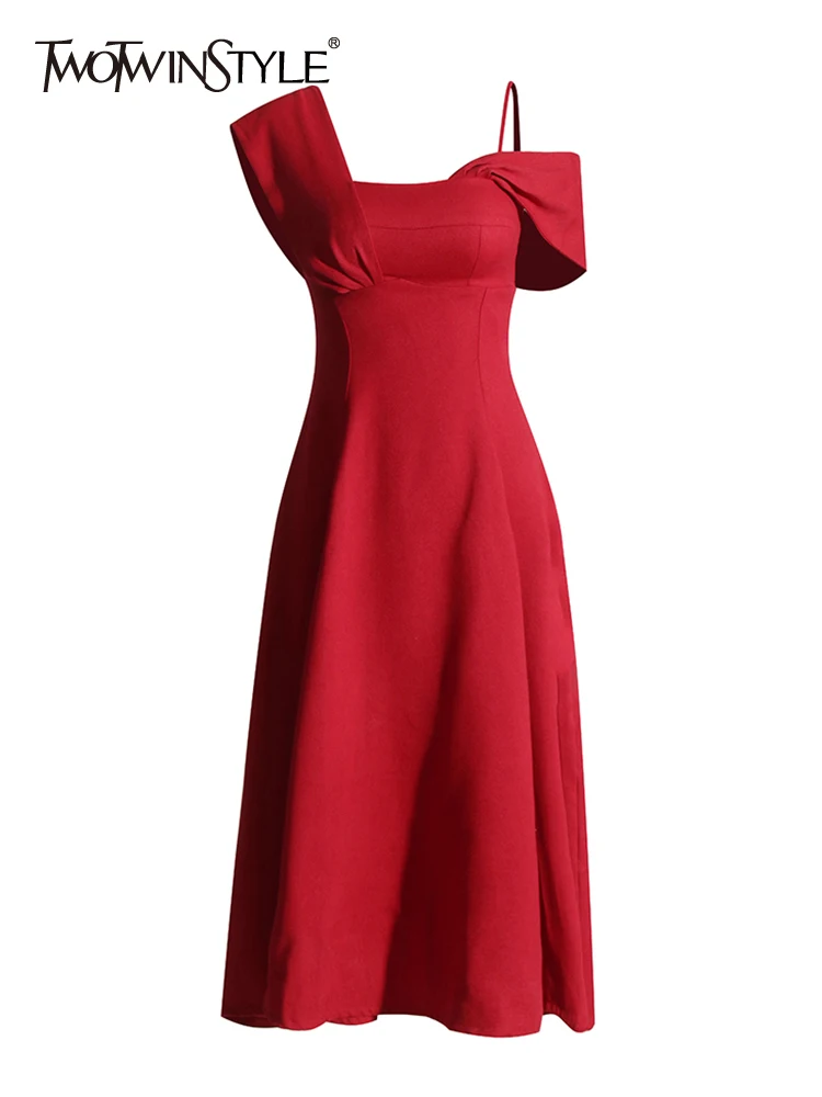 Twotwinstyle-vestido minimalista com uma linha para mulheres, colarinho quadrado, off-the-ombro, cintura alta, slim, cor sólida