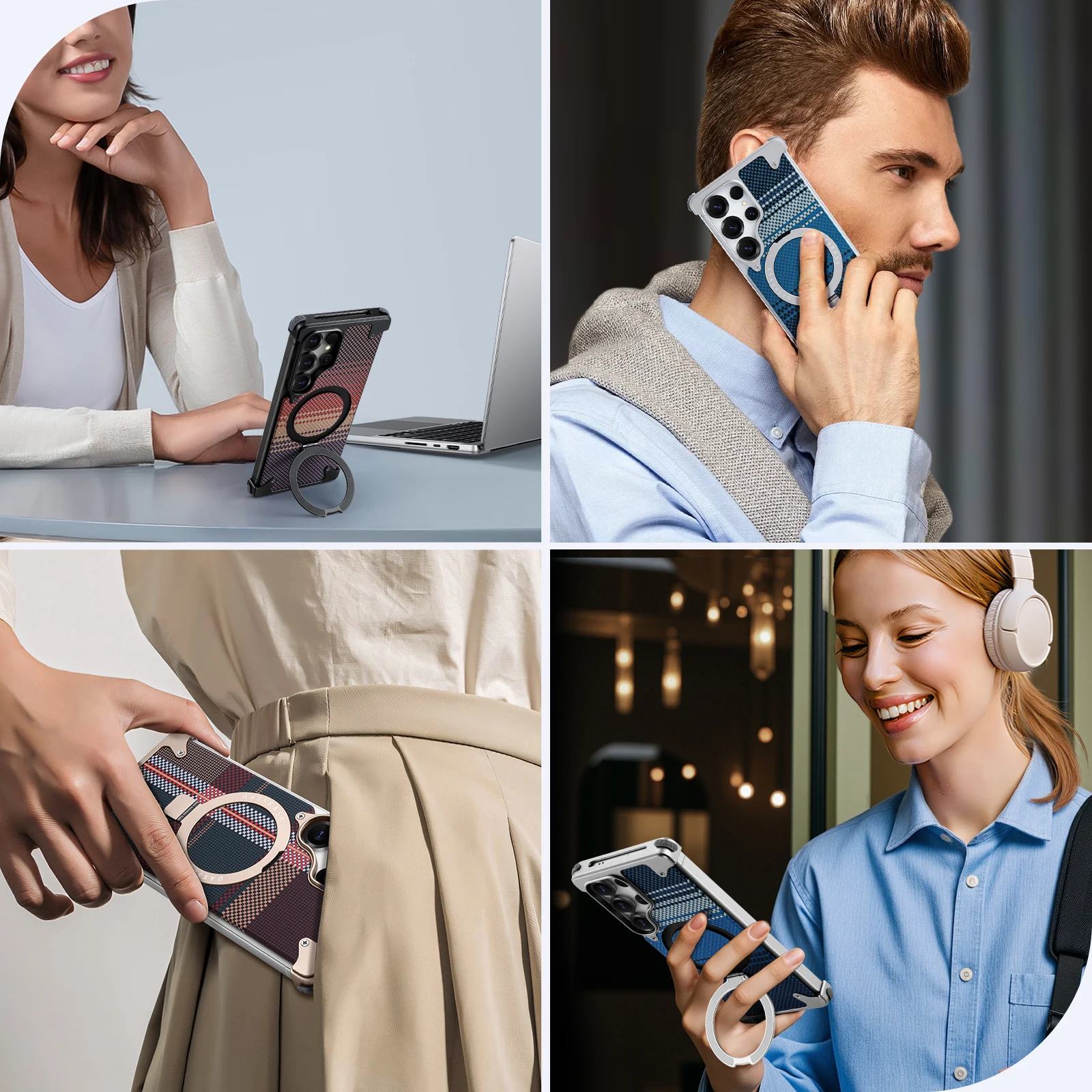 Eary for Samsung Galaxy S25 Ultra Phone Case With Stand Magnetic Kevlar Fiber Texture Cover Metal Frame Shockproof Bumper Shell