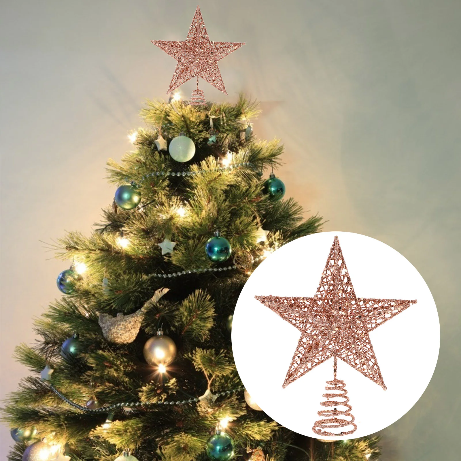 

20cm Glitter Christmas Tree Top Star Christmas Tree Iron Star Topper Glittering Christmas Tree Decoration Ornaments (Rose Gold)