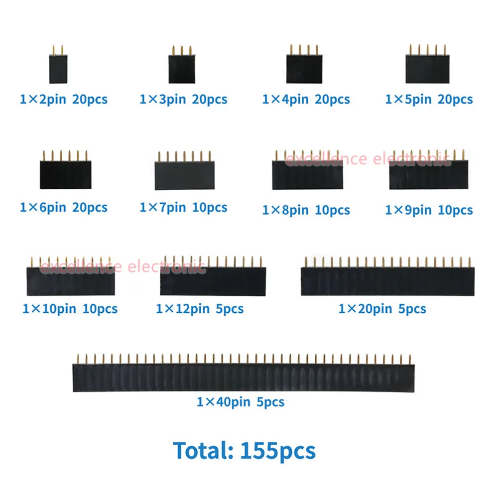 Pin Header PCB Connector 155pcs/Box 2.54mm Single Row Pin Socket Female Header Connector 2/3/4/5/6/7/8/9/10/12/20/40pin PCB Board Combination Kit