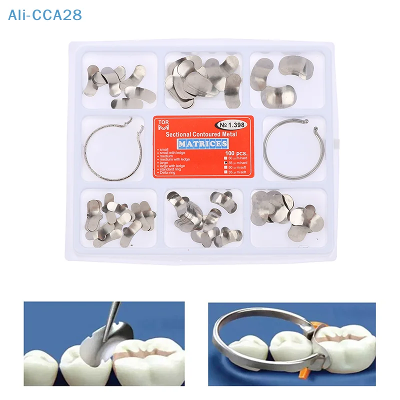 

100Pcs 35um Full Kit Dental Matrix Sectional Contoured Matrices + Metal Matrices 2 Rings