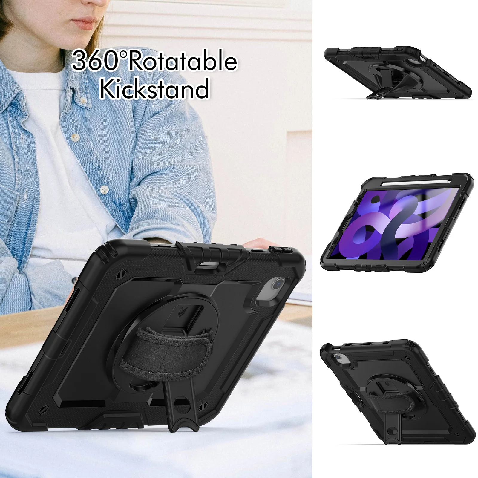 Shockproof Tablet Case with Screen Protector and 360° Rotating Hand Strap, Featuring Pencil Holder