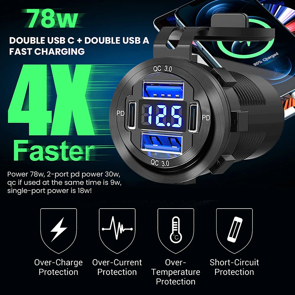 

12V USB C Outlet 78W 4 Ports Aluminum Car Charger Socket, Dual PD 30W and Dual QC 18W Car USB Port 12V Charger with Voltmeter
