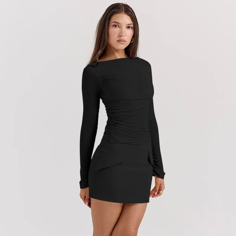JULISSA MO Patchwork Round Neck 3 piece Sets Women Skirt Suit Pink Long Sleeve T-shirt Mini Skirt Autumn Slim Elegant Skirt Sets