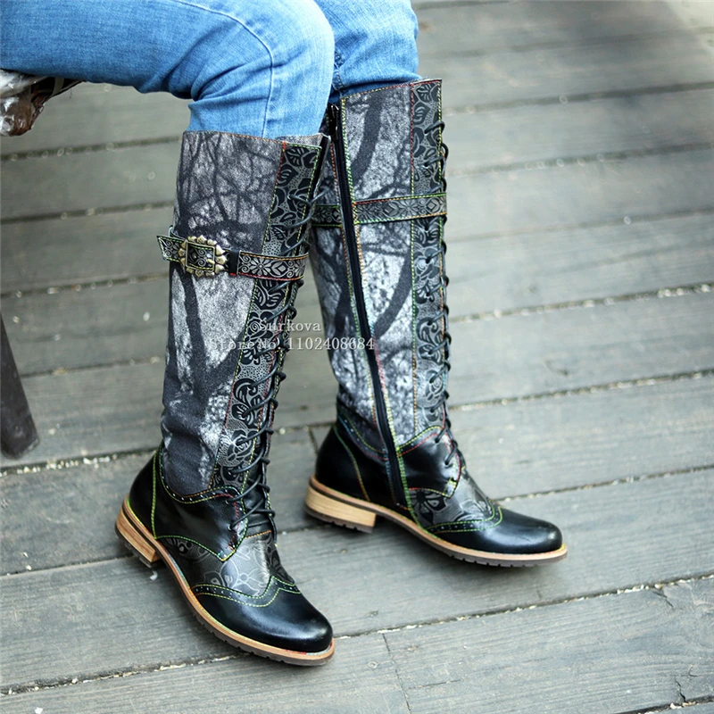 

Motorcycle Cowboy Knee High Boots Retro Western Embroidered Mid-Heel Belt Buckle Shoes Neutral Dark Flower Lace Up Woman's Boots
