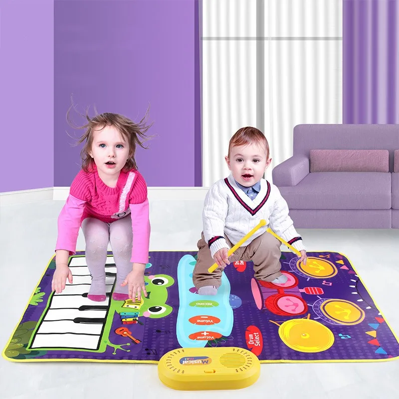 Tappetino da gioco per batteria per pianoforte musicale per bambini 2 in 1 per bambini Tappetino da ballo per tastiera da pavimento con suoni Coperta musicale giocattolo per bambini - immagine 5